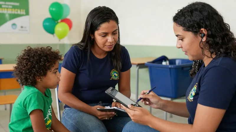 Gráficos e indicadores de impacto social sendo analisados junto a fotos de atividades comunitárias