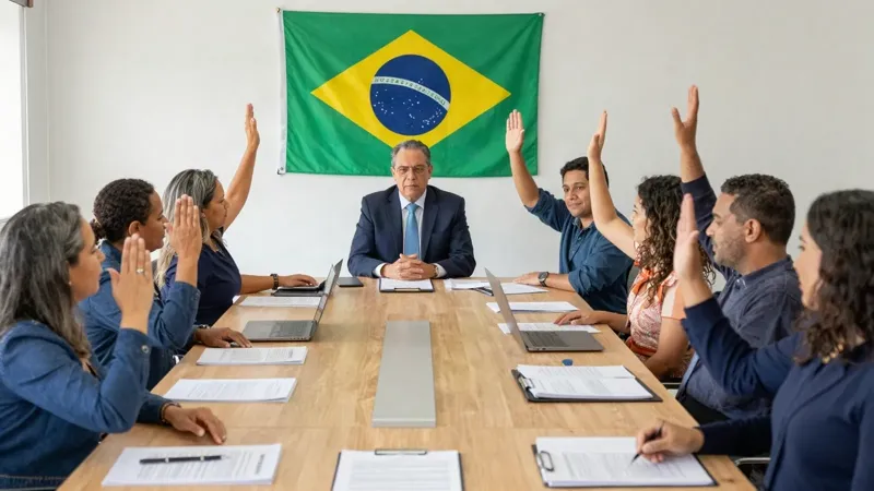 Reunião de conselho de uma organização da sociedade civil ao redor de uma mesa com estatuto e atas