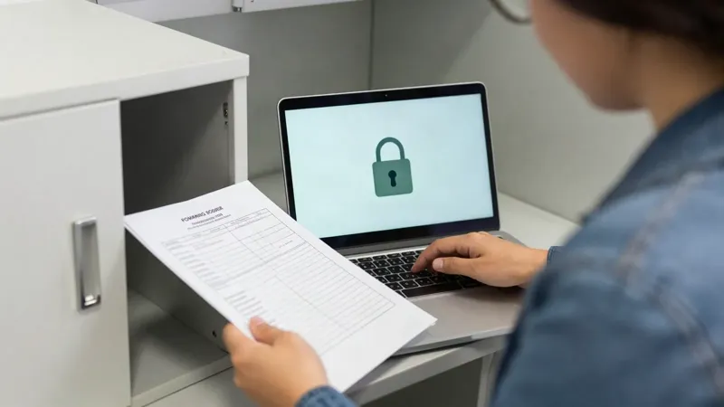 Cadeado digital sobre fichas e documentos, representando a proteção de dados pessoais em organizações sociais