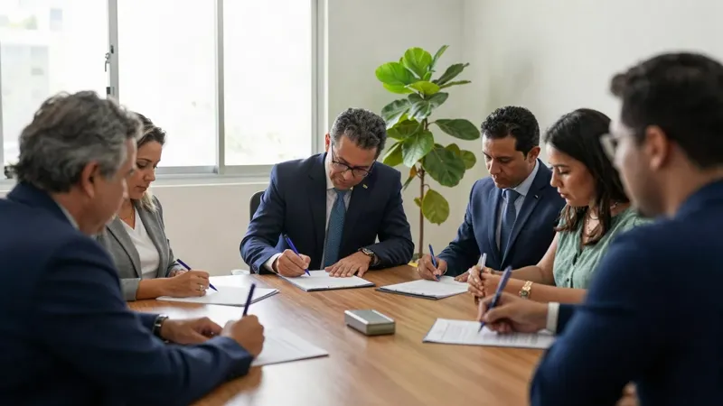Representantes de uma organização da sociedade civil e do poder público assinando um termo de parceria sobre uma mesa com documentos